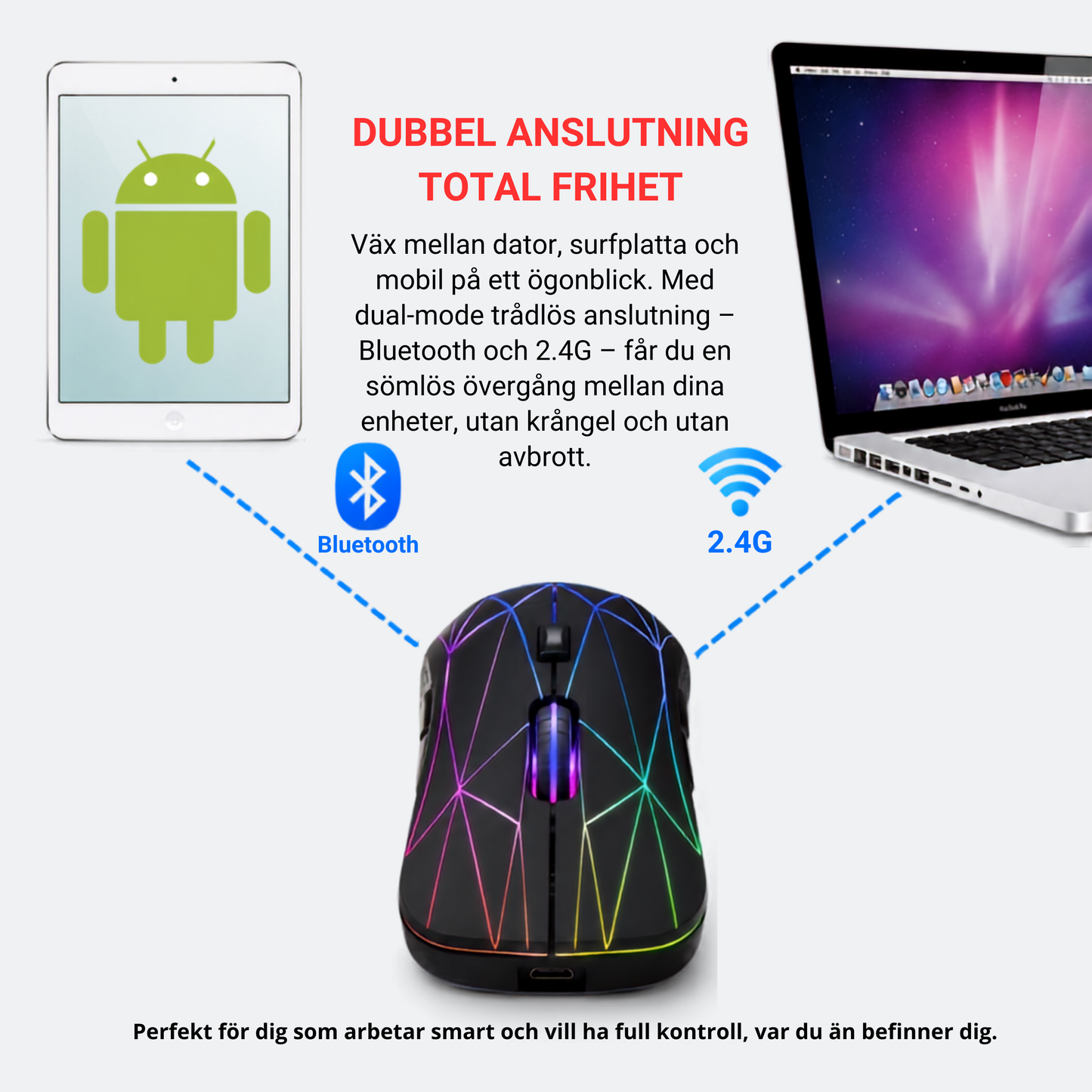 dubbel anslutning med Bluetooth och 2.4G till flera enheter