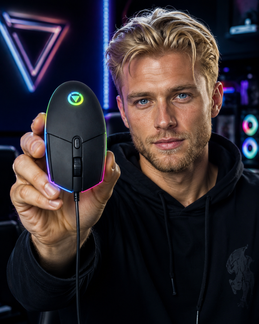 Person håller en svart G3SE gamingmus med aktiv RGB-belysning mot en neonblå bakgrund