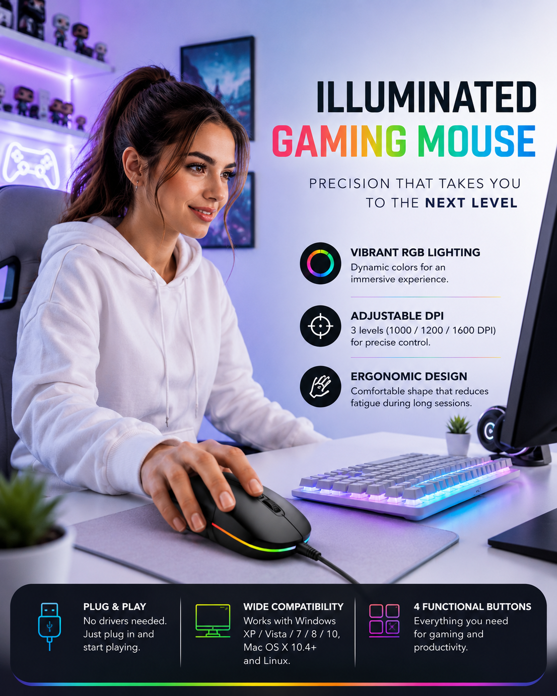 Svart G3SE gamingmus med kabel som används vid ett ljust skrivbord