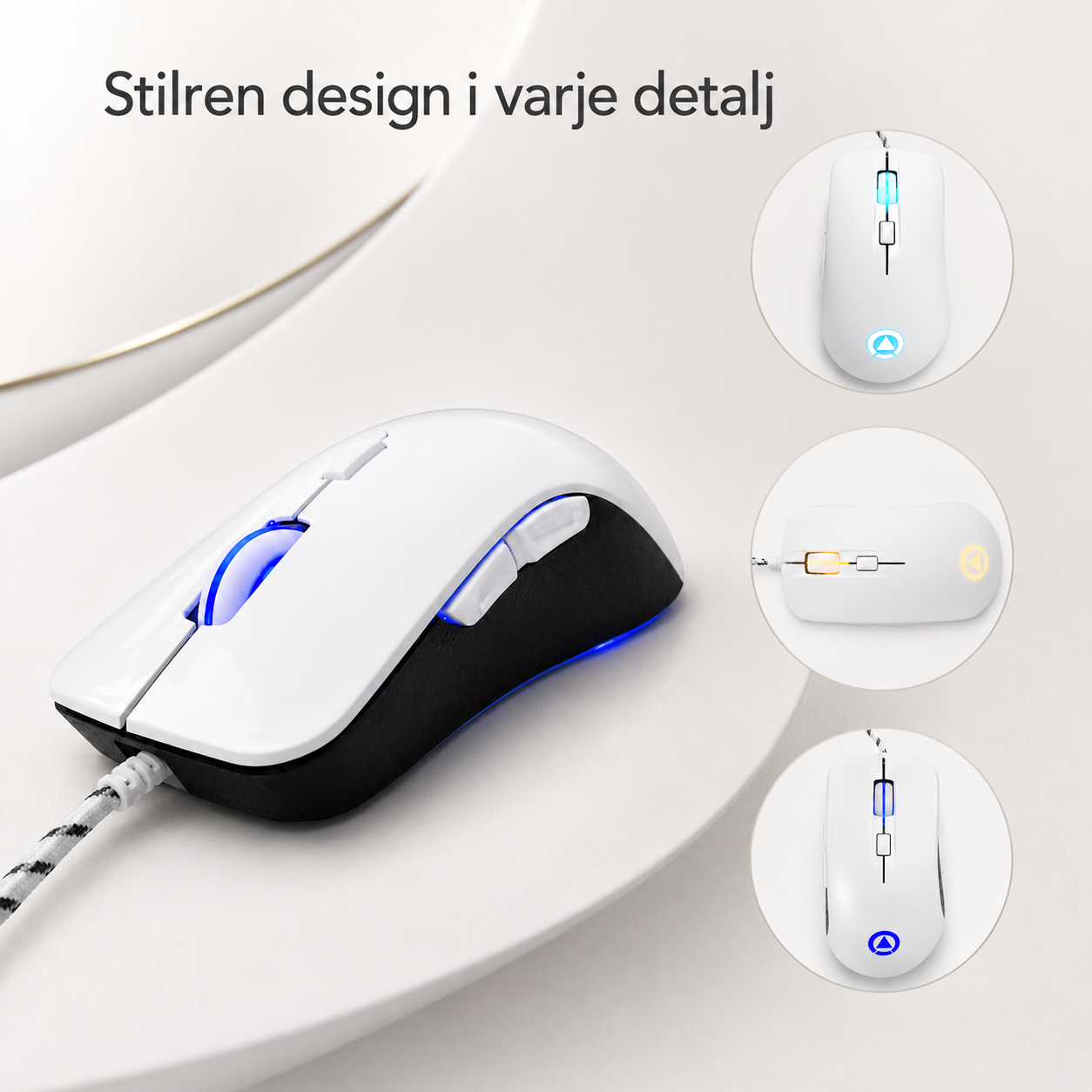 Vit gamingmus med multicolor RGB-belysning – blå, guld och cyan LED-varianter – stilren design