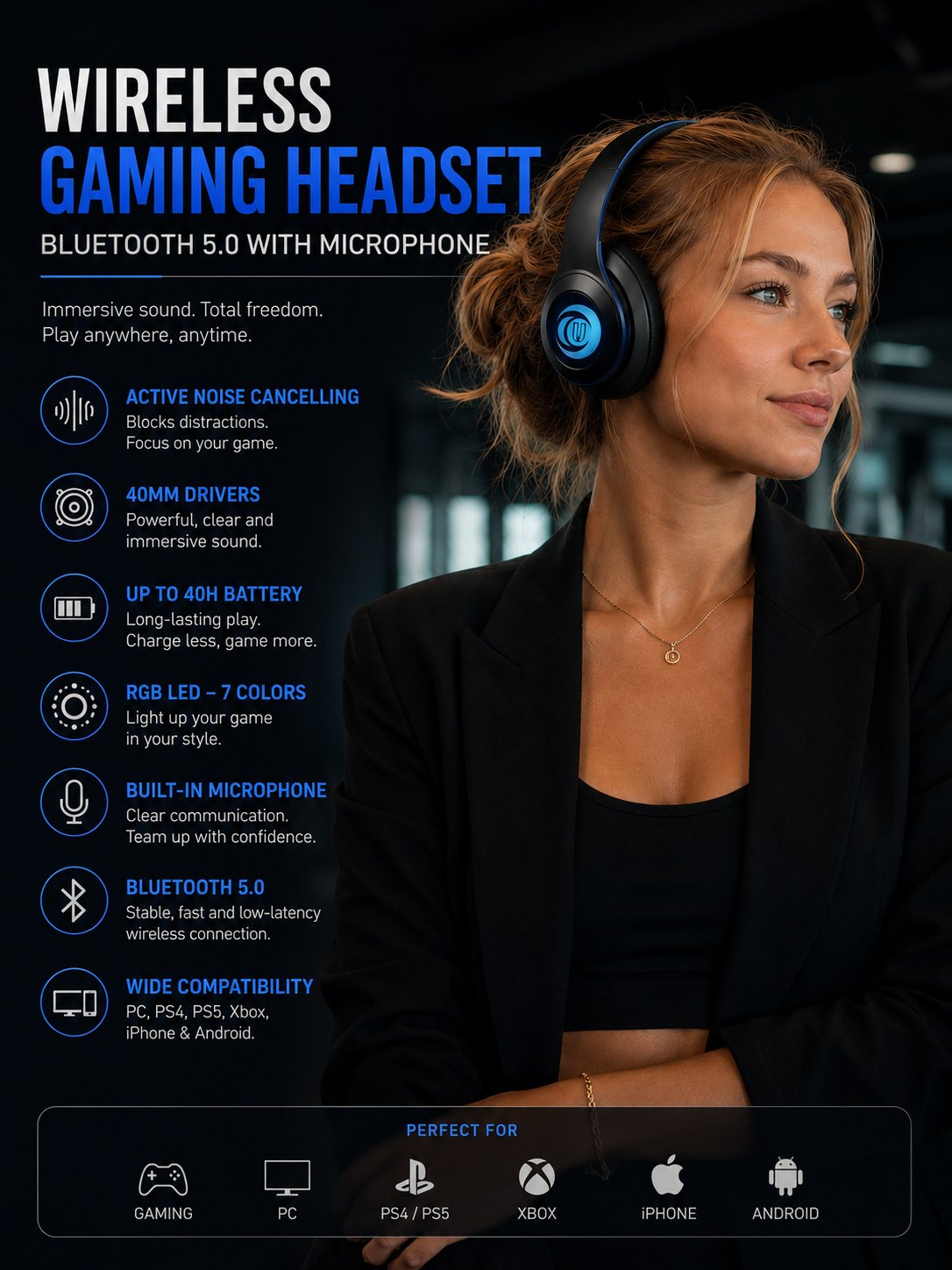 Wireless gaming headset side view showing ear cushion design