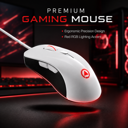white ergonomic gaming mouse product packaging and contents