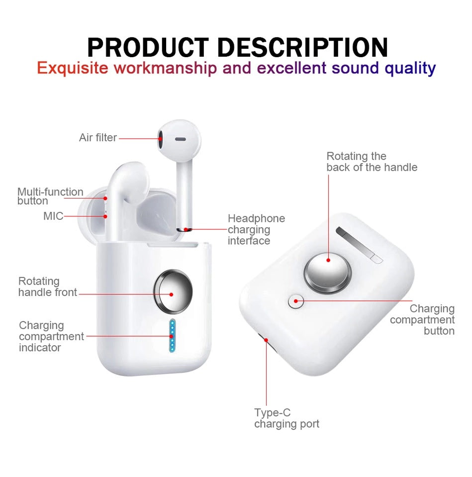 Wireless earbuds in ear for fit and size reference