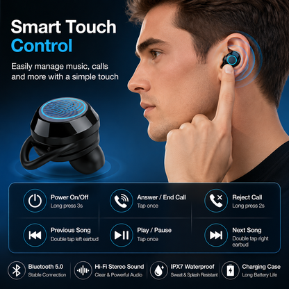 Wireless earbuds top view showing touch control panel