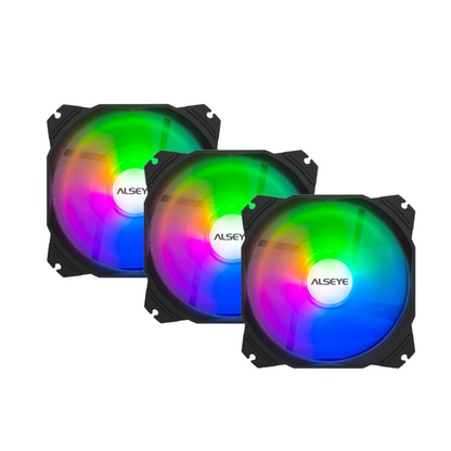 ALSEYE M120-P byggdator fläkt 3-pack ARGB chassifläktar 120mm med regnbågsbelysning och svart ram — vit bakgrund