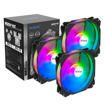 ALSEYE M120-P datorkylning 3-pack ARGB chassifläktar 120mm med regnbågsbelysning och svart ram — vit bakgrund