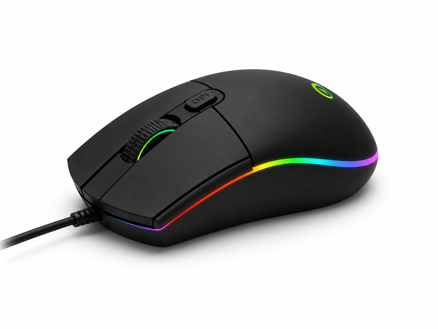 G3SE gamingmus med flerfärgad RGB-belysning, sedd från höger sida mot mörk bakgrund