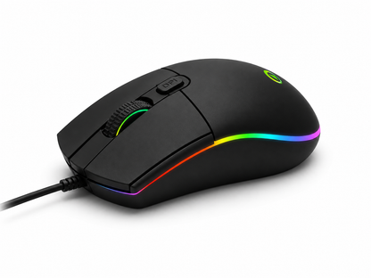 G3SE gamingmus med flerfärgad RGB-belysning, sedd från höger sida mot mörk bakgrund