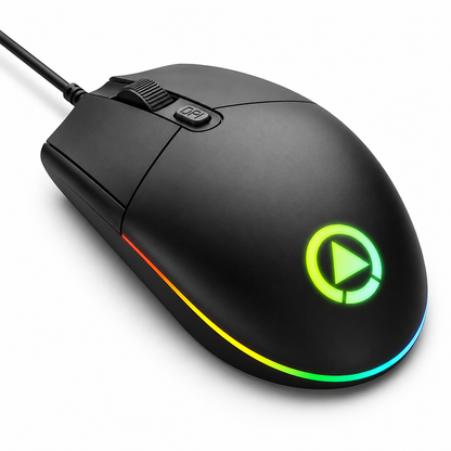Svart G3SE gamingmus med belyst cirkulär logotyp och RGB-belysning, sedd snett framifrån