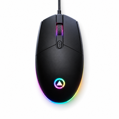 Svart G3SE gamingmus med flerfärgad RGB-belysning och belyst cirkulär logotyp, sedd framifrån