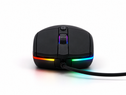 Svart G3SE gamingmus med USB-kabel, sedd från sidan med RGB-belysningen avstängd