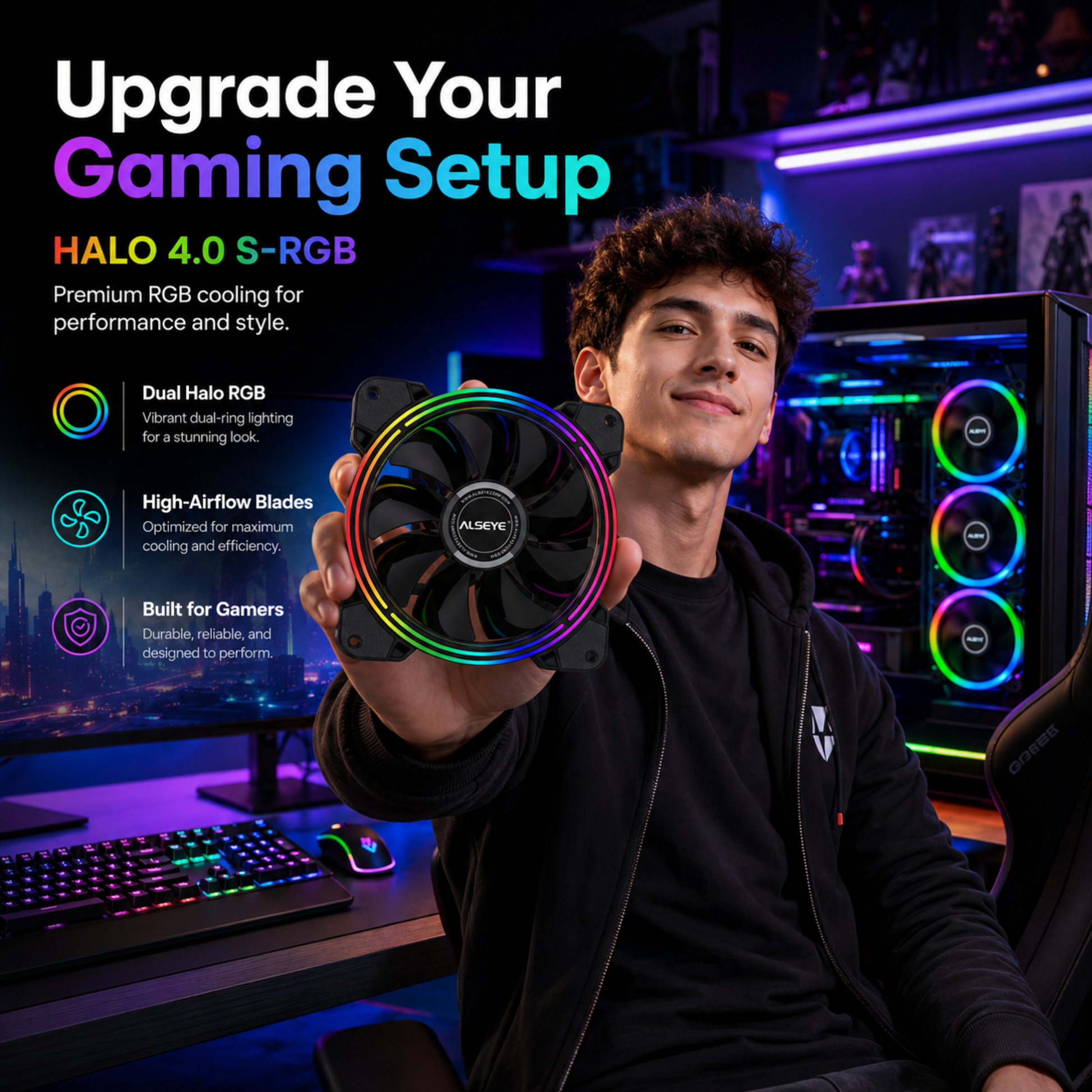 120mm case fan front view showing rainbow LED lighting effect