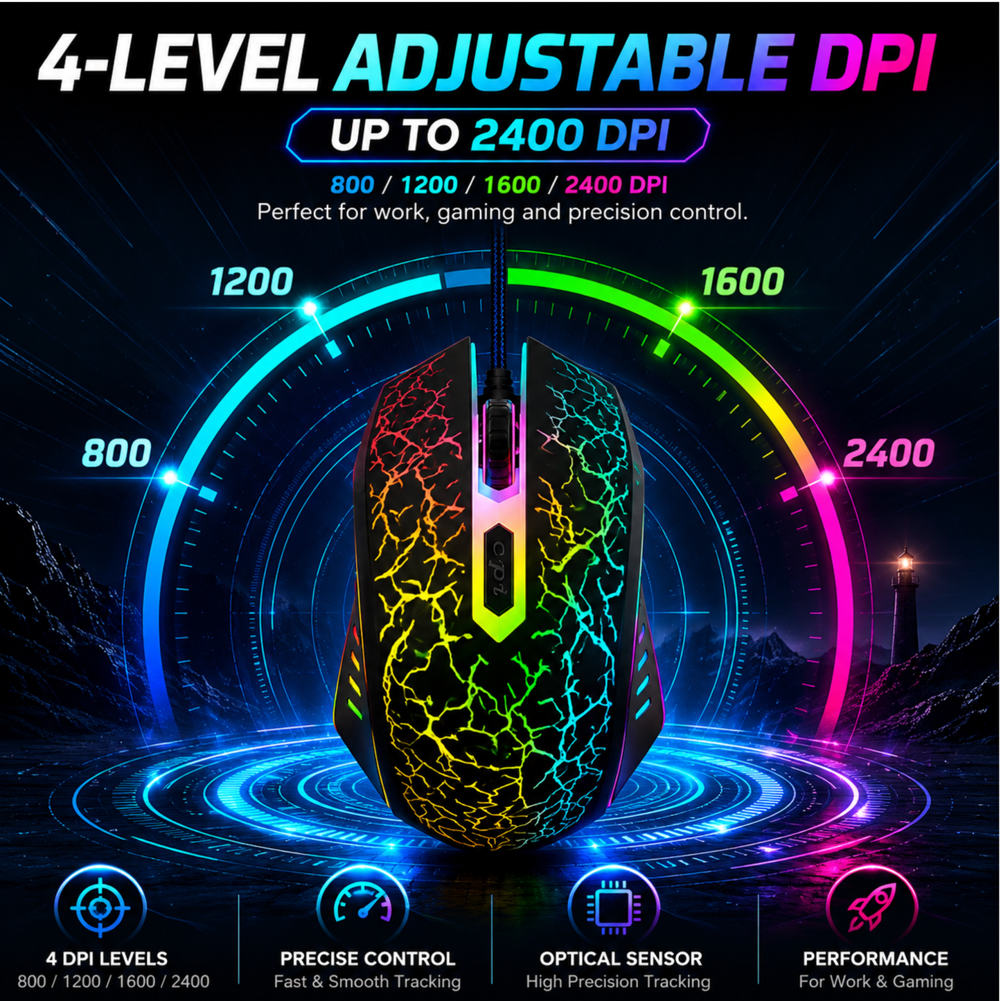 X1 gaming mouse top view showing RGB lighting effect