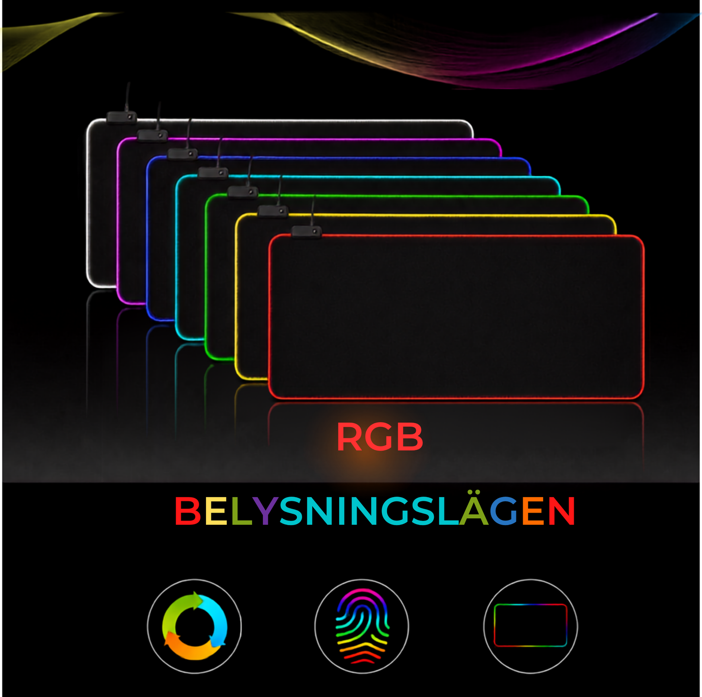 GMS-WT-5 RGB-musmatta i sju färgvarianter som visar belysningslägena
