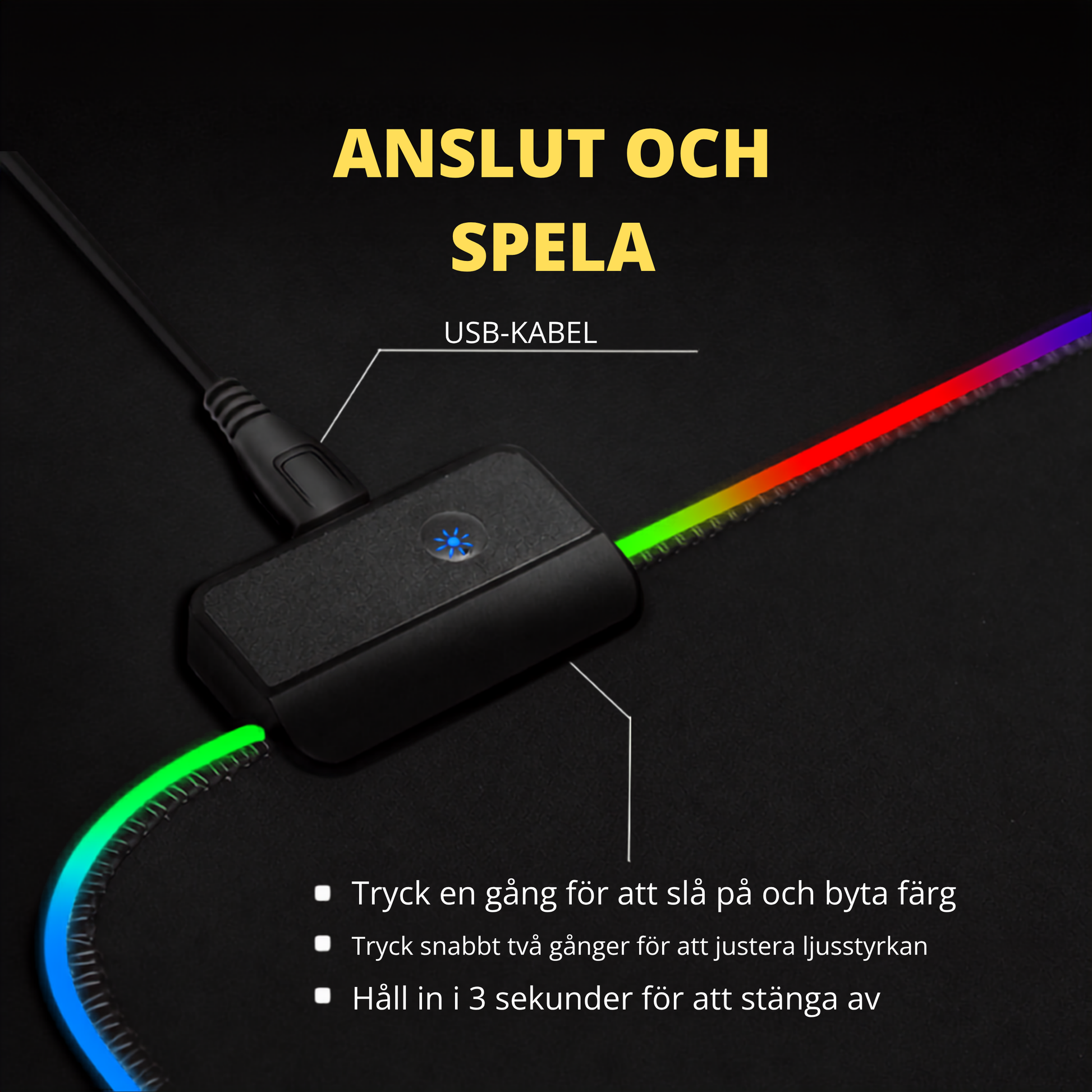 USB-kabel och kontrollknapp på GMS-WT-5, styr färg och ljusstyrka
