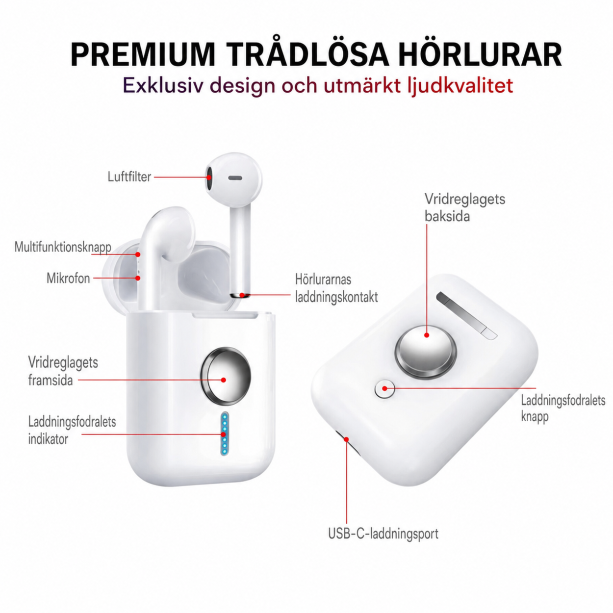 N10 hörlurar med mikrofon – diagram som visar multifunktionsknapp, mikrofon, luftfilter, vridreglage och USB-C-laddningsport