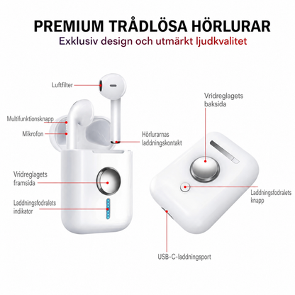 N10 hörlurar med mikrofon – diagram som visar multifunktionsknapp, mikrofon, luftfilter, vridreglage och USB-C-laddningsport