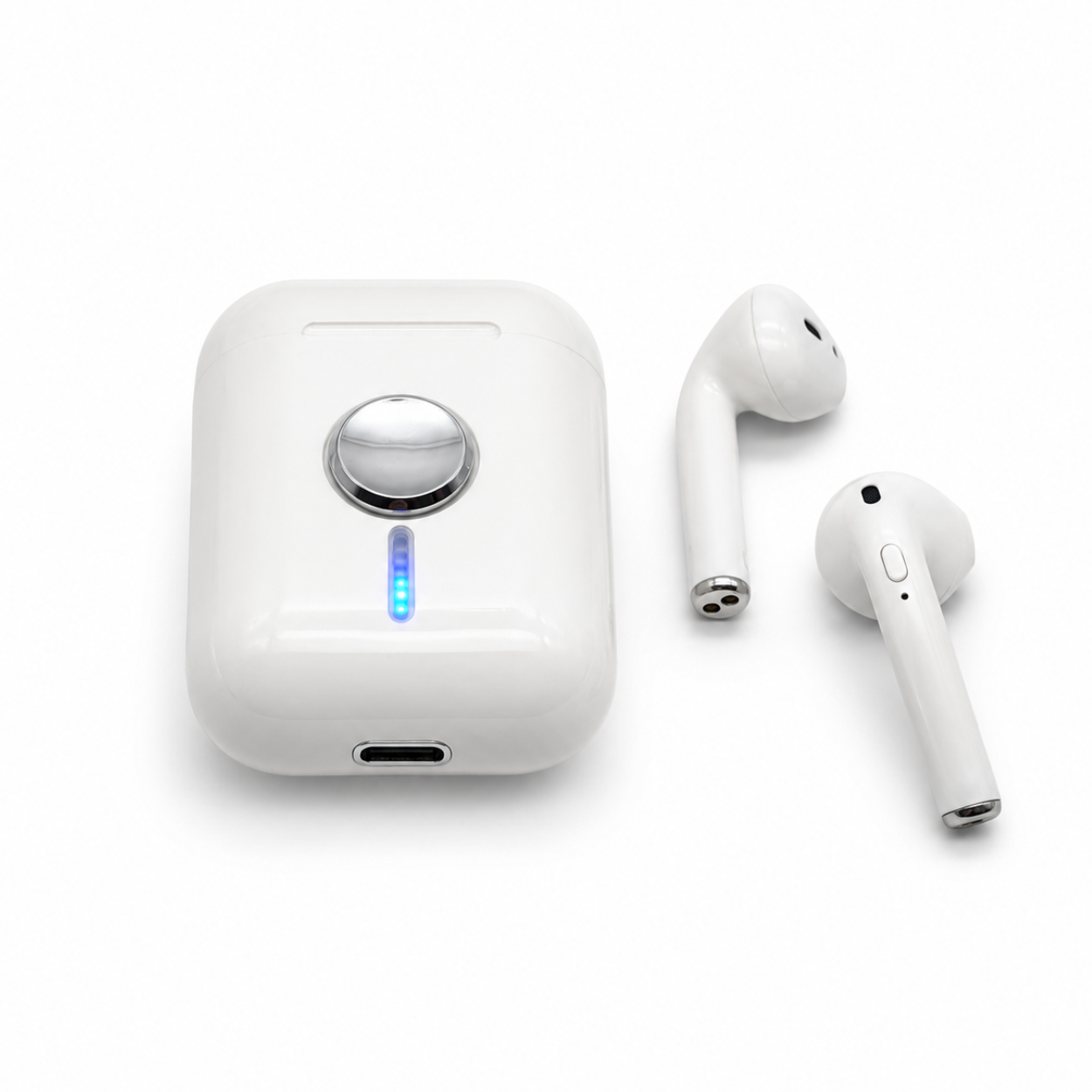 N10 TWS-hörlurar och laddningsfodral sett ovanifrån med USB-C-laddningsport