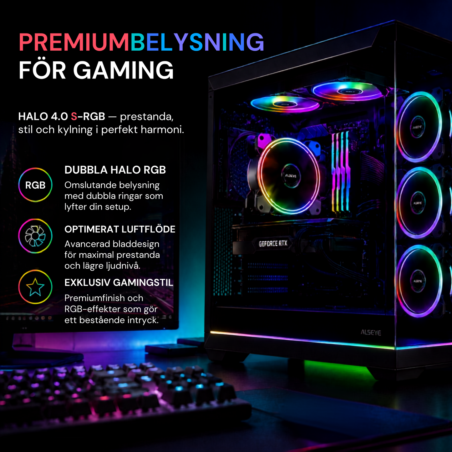 RGB-kylfläktar monterade i gaming-chassi med RTX-grafikkort