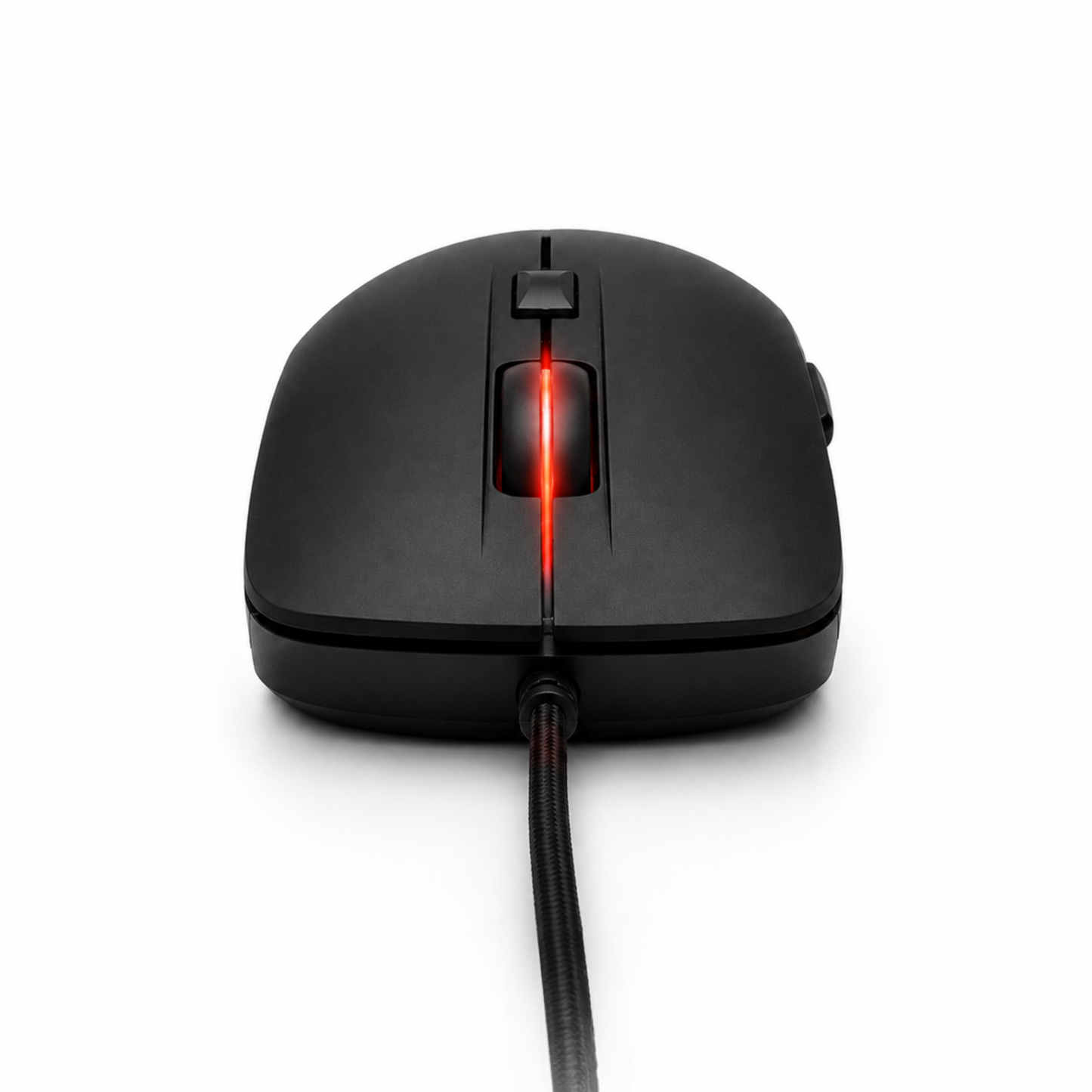 Svart gamingmus framifrån – röd RGB-belyst scrollhjul och flätad USB-kabel synlig