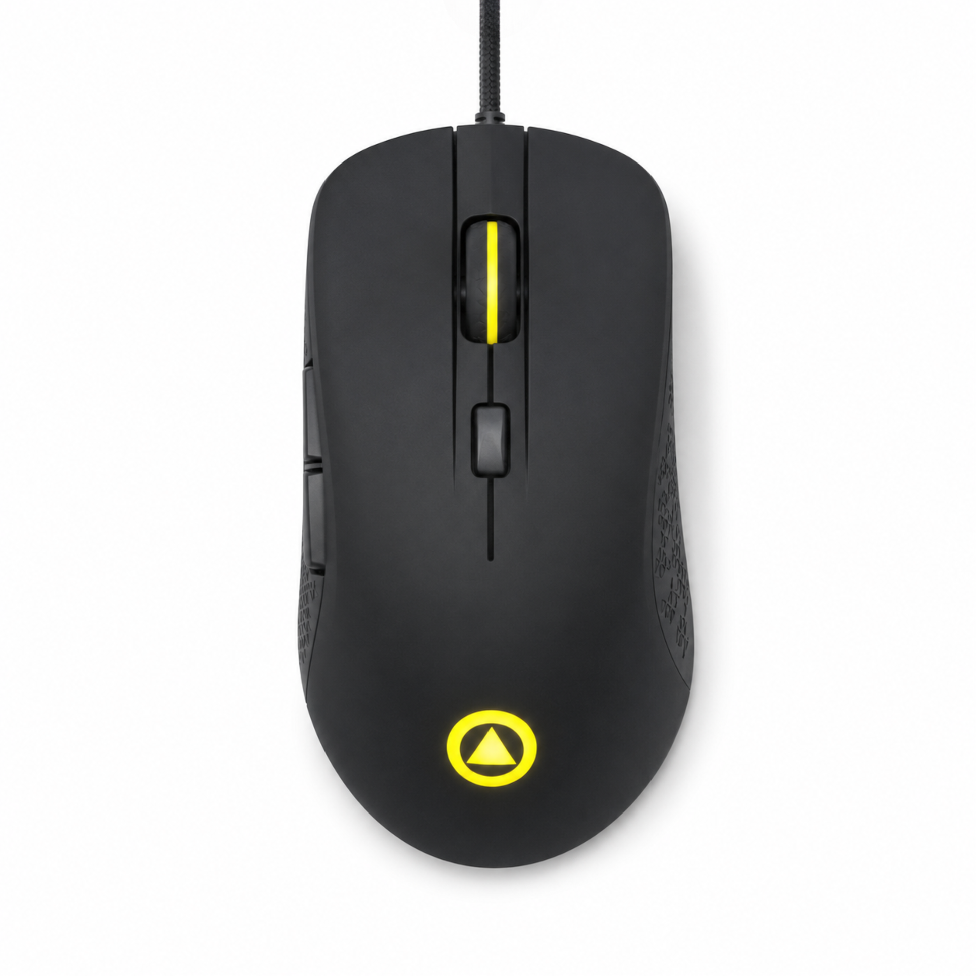 Svart gamingmus höger sidovy – halkfri greppzon med triangelmönster och flätad USB-kabel