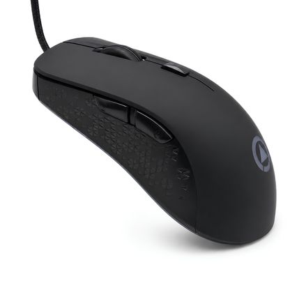 Svart gamingmus ovanifrån – matt svart finish, scrollhjul och UPOOLBO-logotyp, flätad USB-kabel