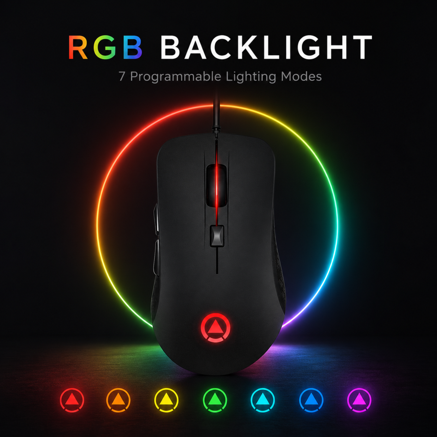 Svart trådbunden gamingmus med RGB-belysning och sju programmerbara ljuslägen
