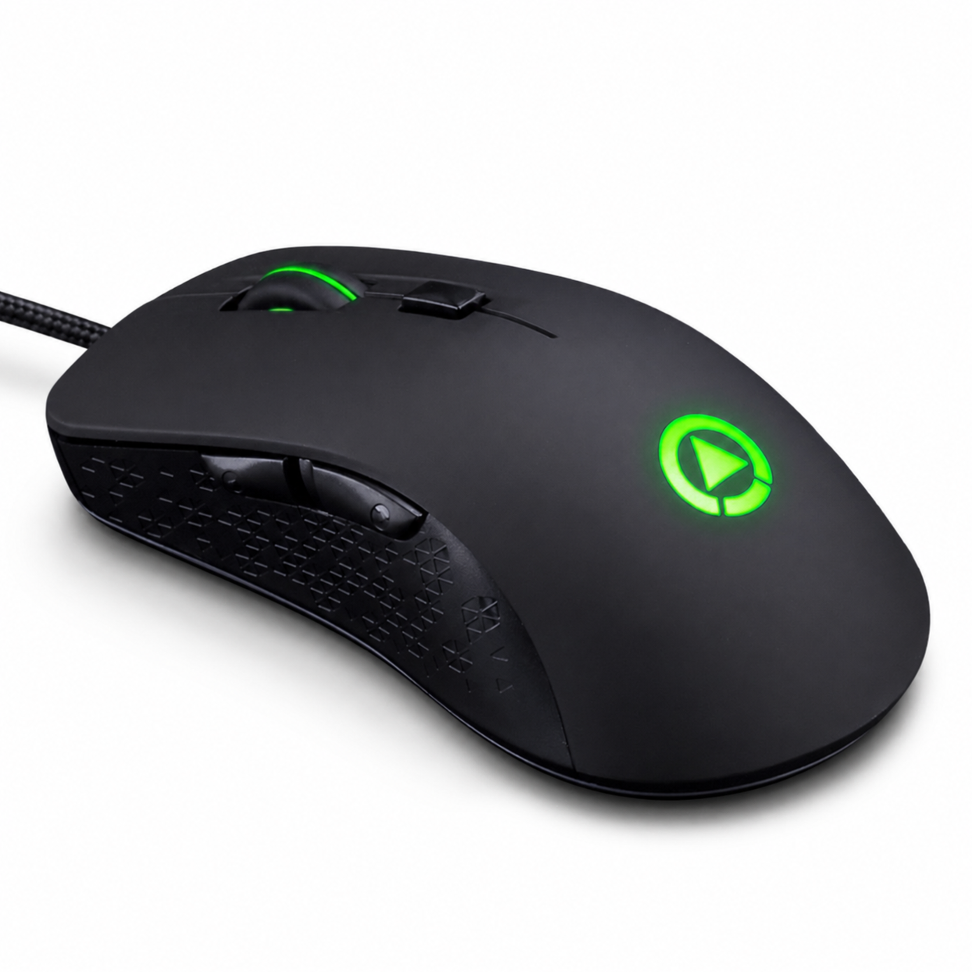 Svart gamingmus vänster sidovy – ergonomisk profil, UPOOLBO-logotyp och scrollhjul synligt