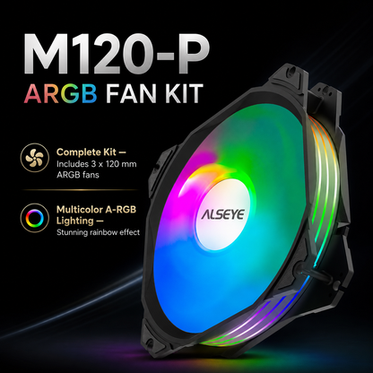 ALSEYE M120-P tyst datorfläkt 120mm med vita aerodynamiska blad och svart ram — frontvy vit bakgrund