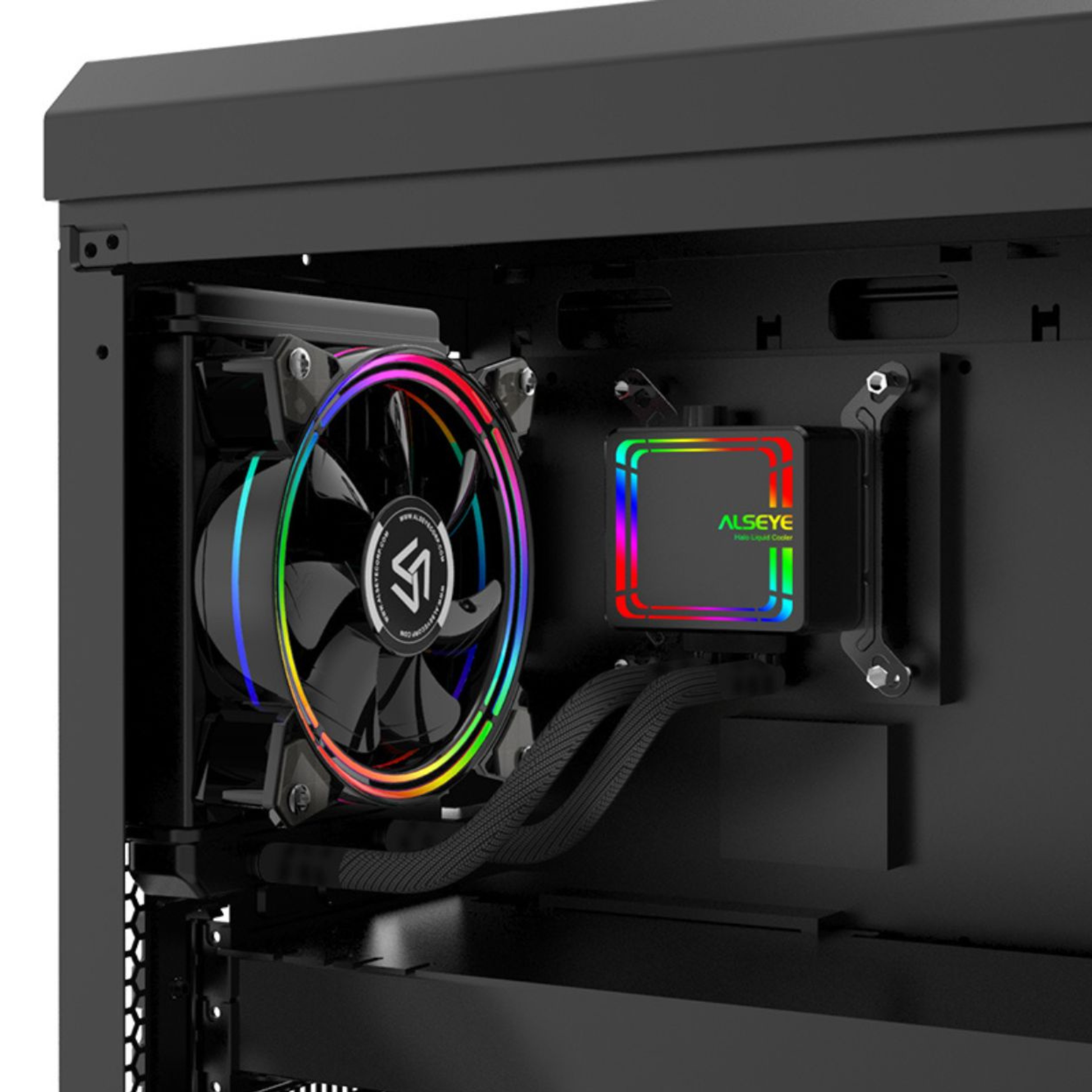 H120 liquid cooler pump head close-up with RGB illumination