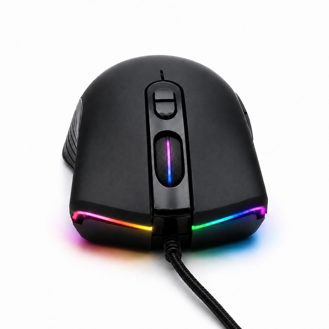 UPOOLBO A867 gamingmus bakifrån med flätad USB-kabel och RGB-belysning