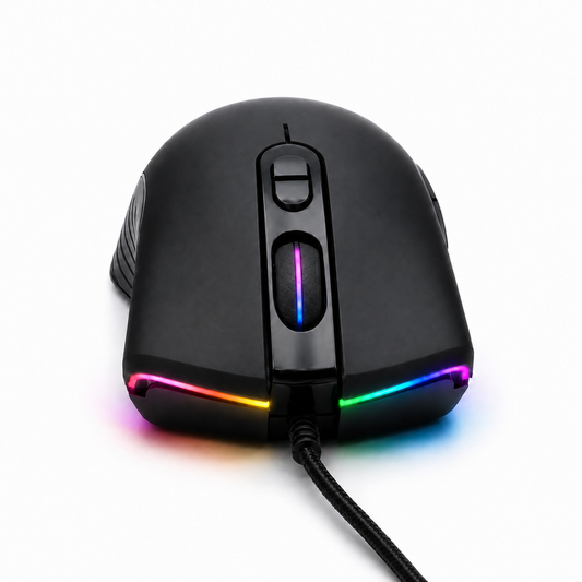 UPOOLBO A867 gamingmus bakifrån med flätad USB-kabel och RGB-belysning