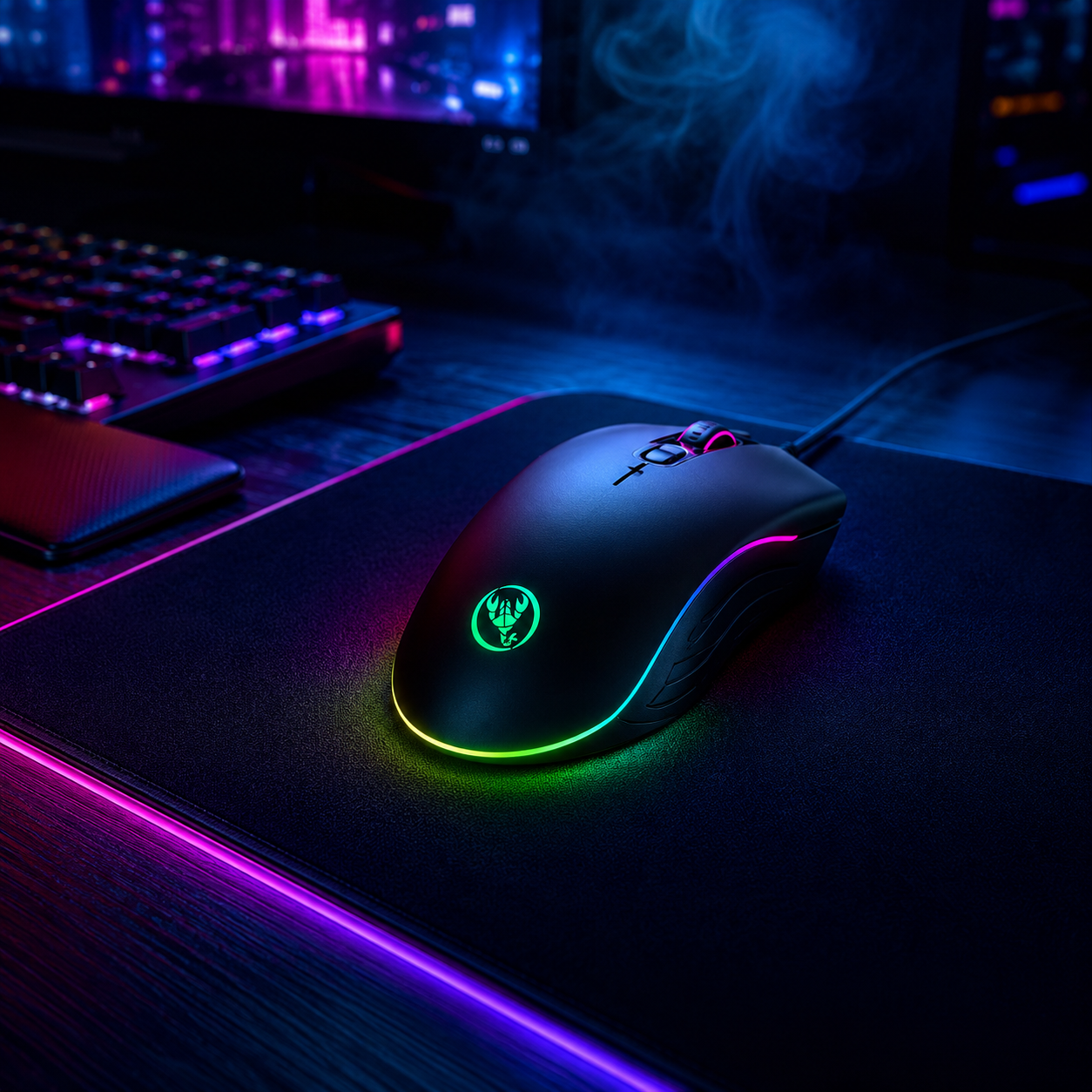 UPOOLBO A867 gamingmus på RGB-musmatta i mörk gamingmiljö