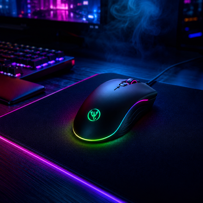 UPOOLBO A867 gamingmus på RGB-musmatta i mörk gamingmiljö