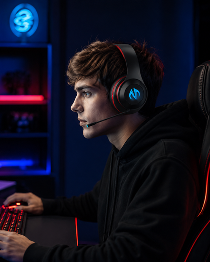 Person som använder BC10 gaming-headset framför datorn