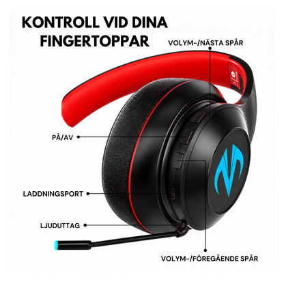 BC10 gaming-headset – kontrollknappar för volym, på/av, laddningsport och ljuduttag