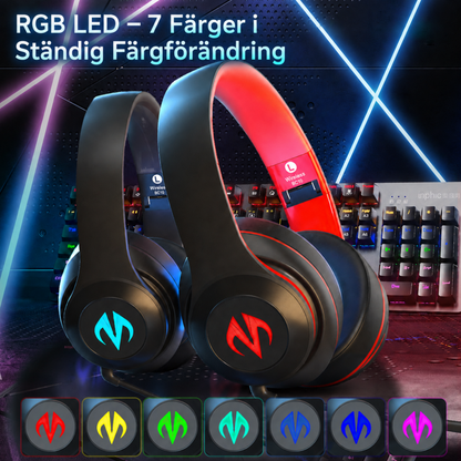 BC10 gaming-headset med RGB LED-belysning i 7 färger, svart och röd variant