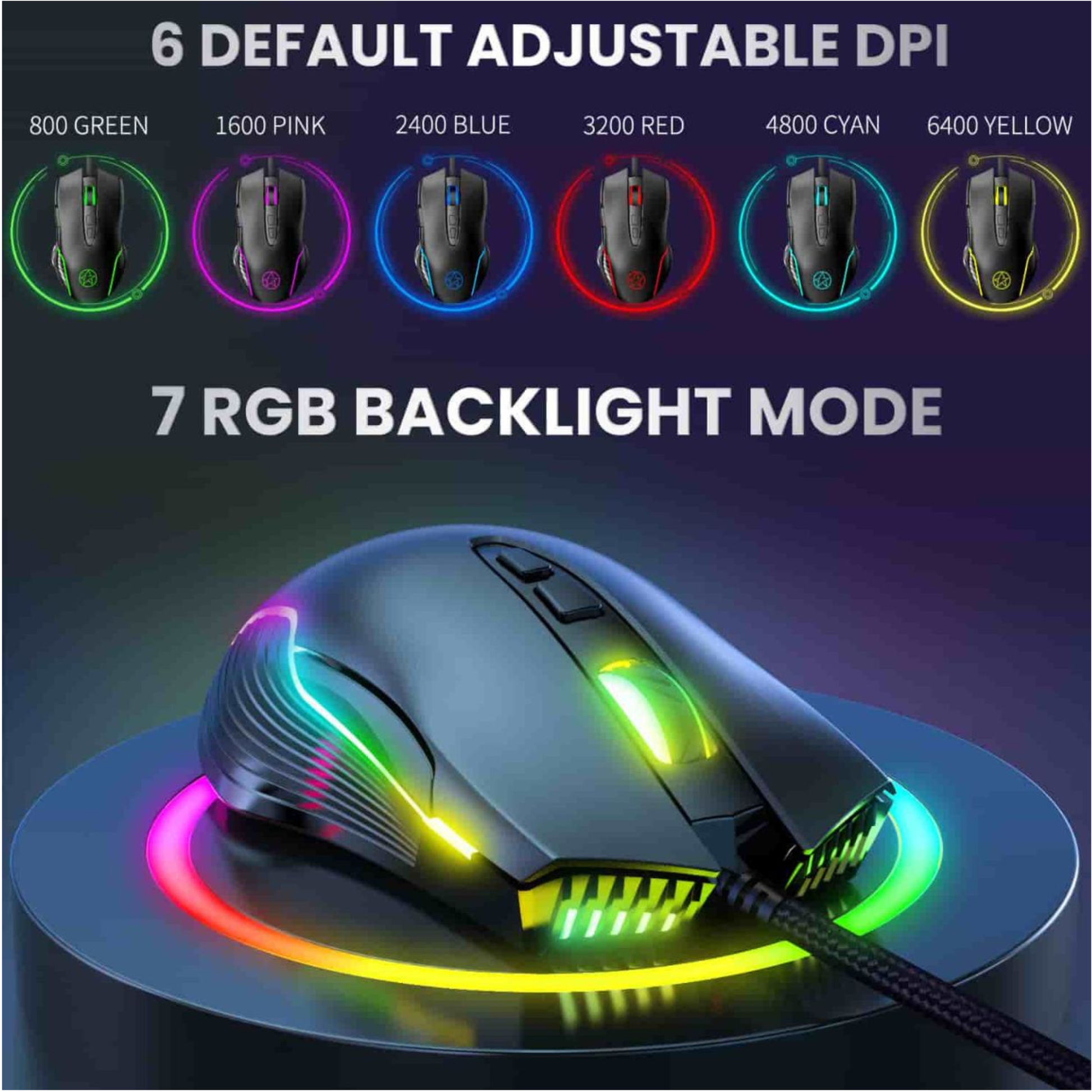 UPOOLBO G901 gamingmus med 6 justerbara DPI-nivåer och 7 RGB-ljuslägen.