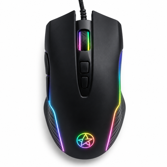 UPOOLBO G901 gamingmus i svart med RGB-belysning, sedd snett framifrån.