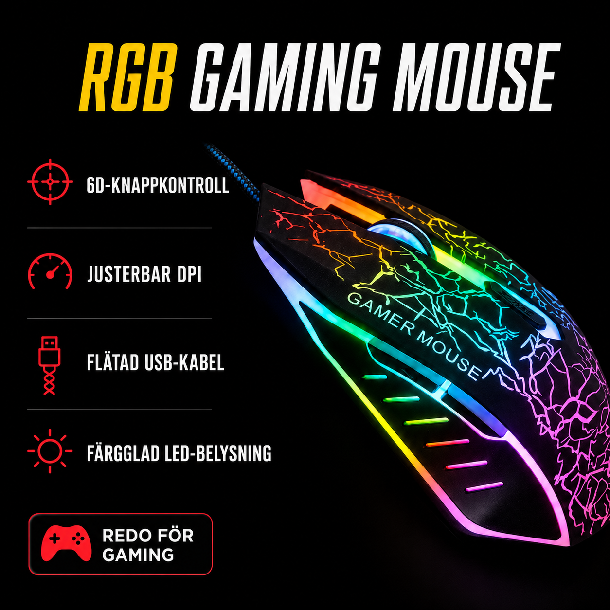 UPOOLBO X1 RGB gaming-mus med 6D-knappkontroll och justerbar DPI
