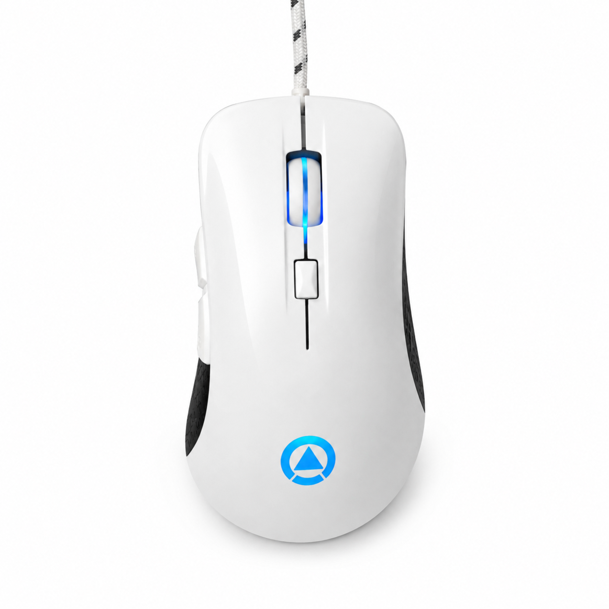 Vit gamingmus ovanifrån – ergonomisk form, scrollhjul och UPOOLBO-logotyp på vit bakgrund