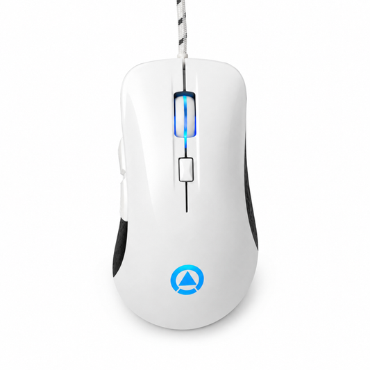 Vit gamingmus ovanifrån – ergonomisk form, scrollhjul och UPOOLBO-logotyp på vit bakgrund