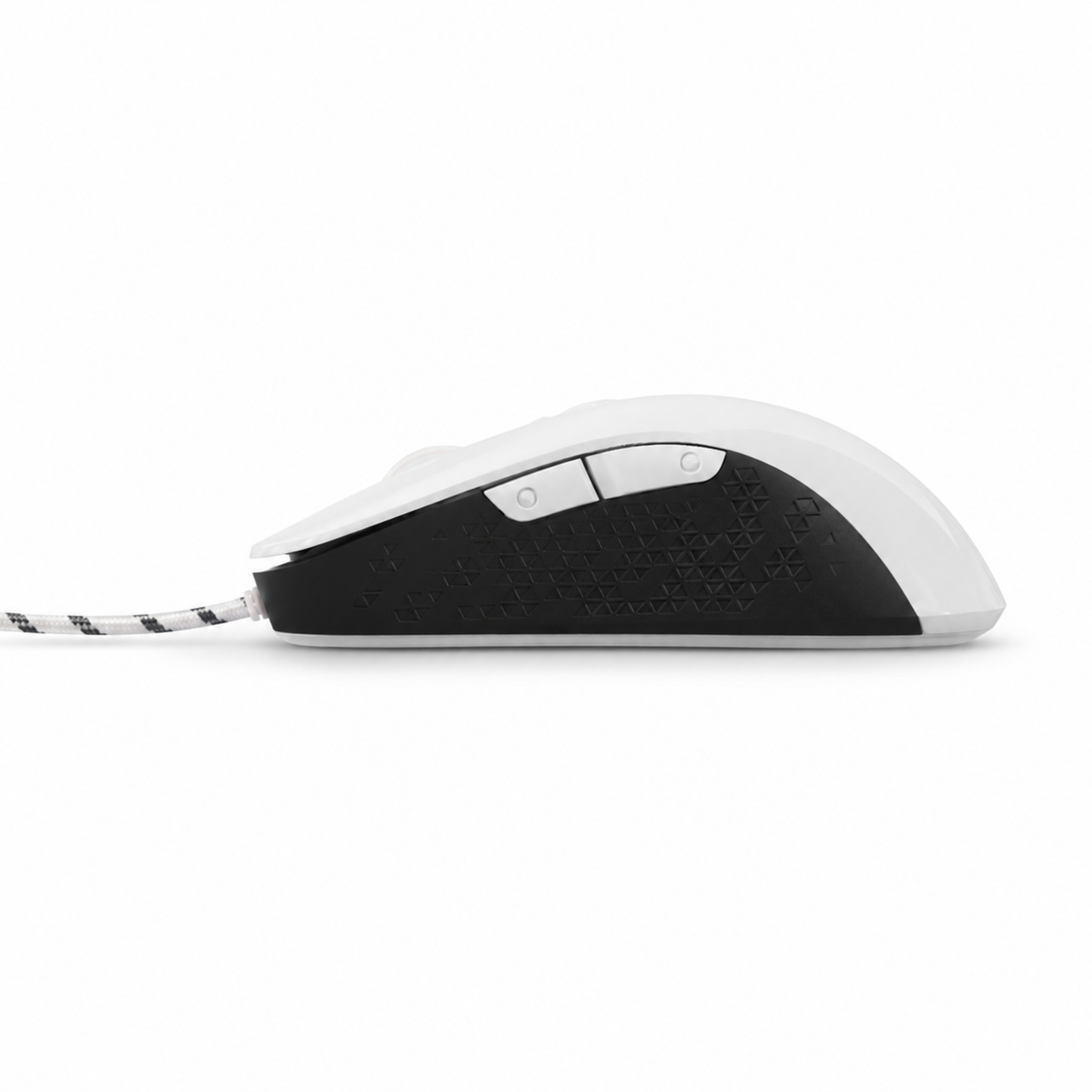 Vit gamingmus vänster sidovy – 2 programmerbara sidoknappar, svart greppzon och flätad USB-kabel