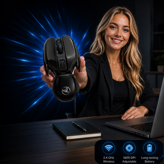Cordless gaming mouse top view showing portable design