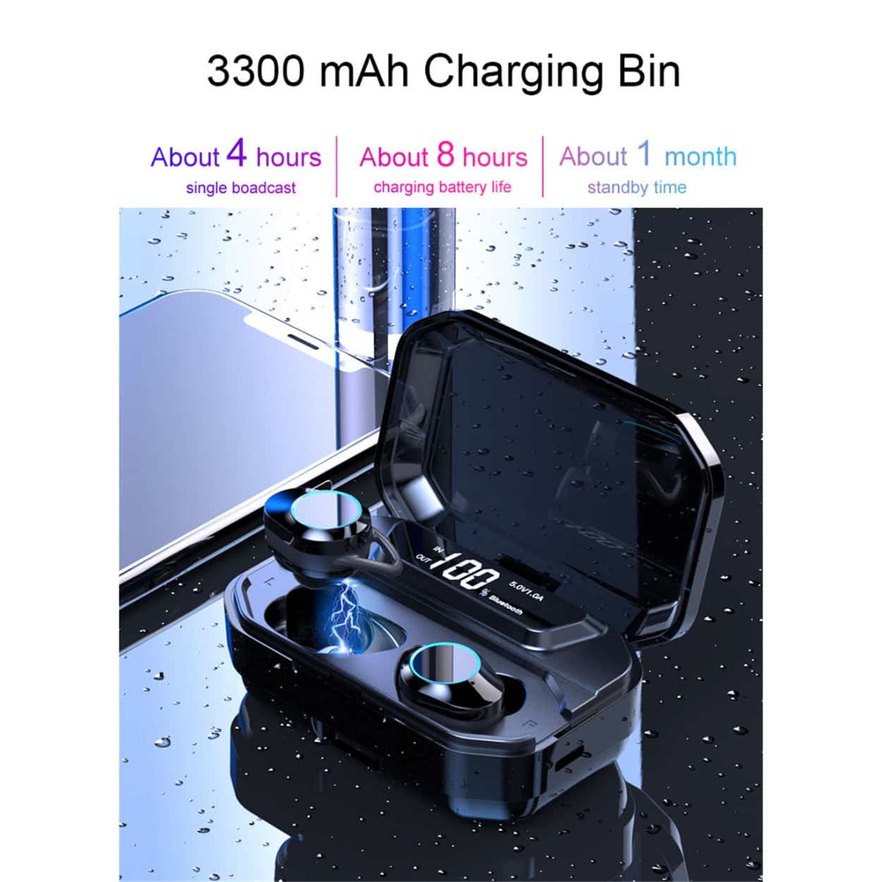 Earbuds charging case open showing earbuds inside