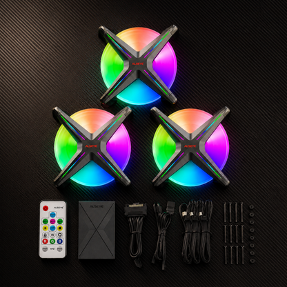 120mm RGB fan blade detail and frameless design close-up